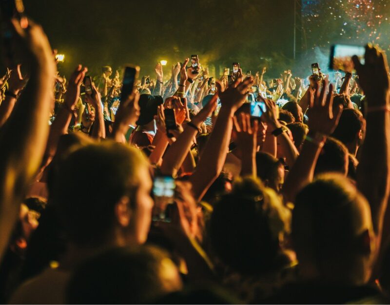 People raising hands at a concert, aware of concert injury claims