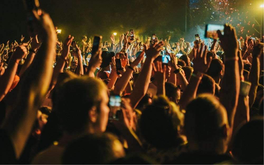 People raising hands at a concert, aware of concert injury claims