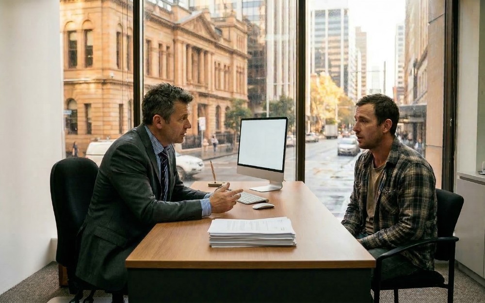 Worker talking to a compensation lawyer, asking if he could still be terminated while on workers compensation