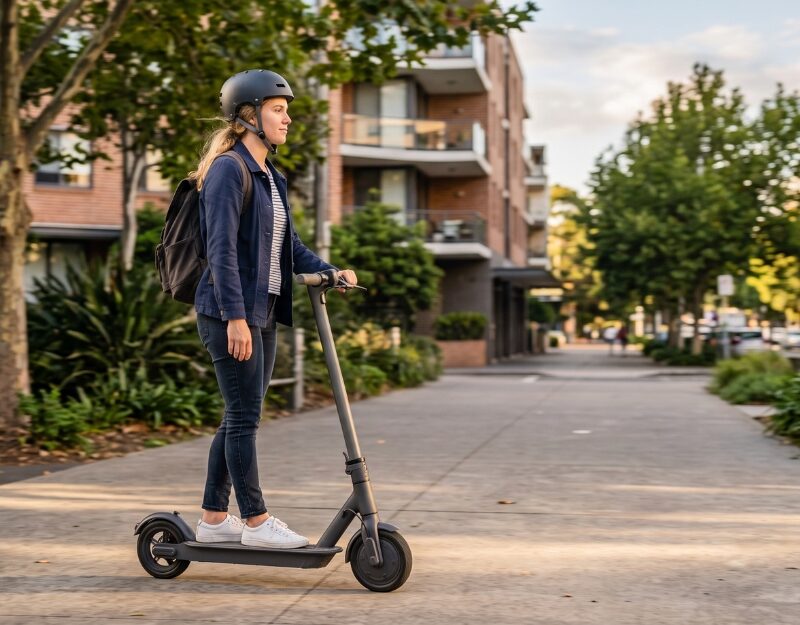 Person riding an e-scooter on a footpath in an Australian city, illustrating e-scooter accident claims NSW