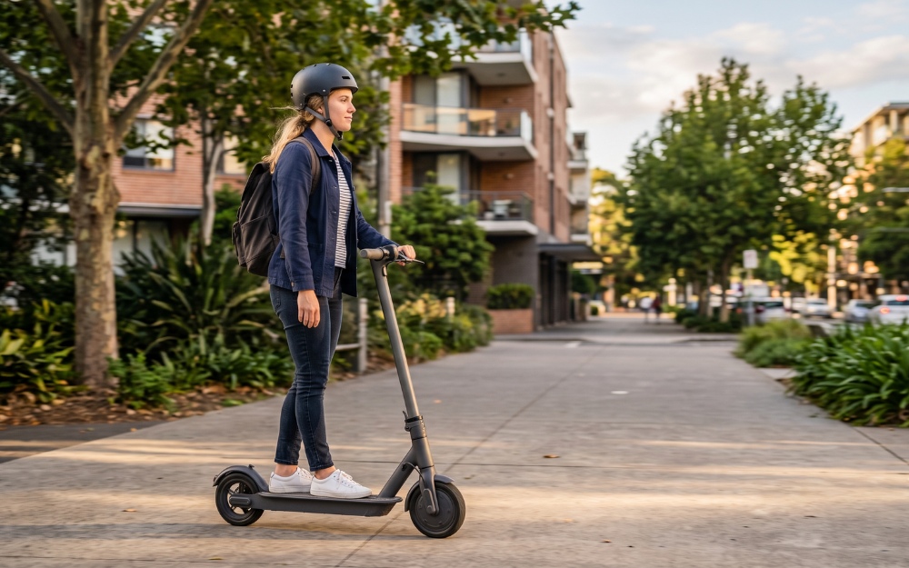 Person riding an e-scooter on a footpath in an Australian city, illustrating e-scooter accident claims NSW