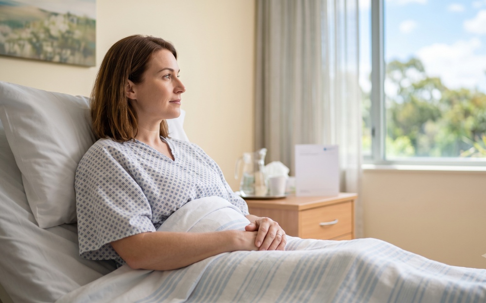 Patient reflecting in a hospital room, considering a medical negligence claim NSW