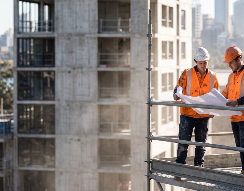 High-vis construction workers on a Sydney worksite affected by the NSW workers compensation reforms.