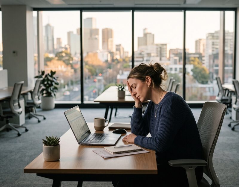 Exhausted office worker sitting at desk, illustrating psychological injury claim at work in NSW