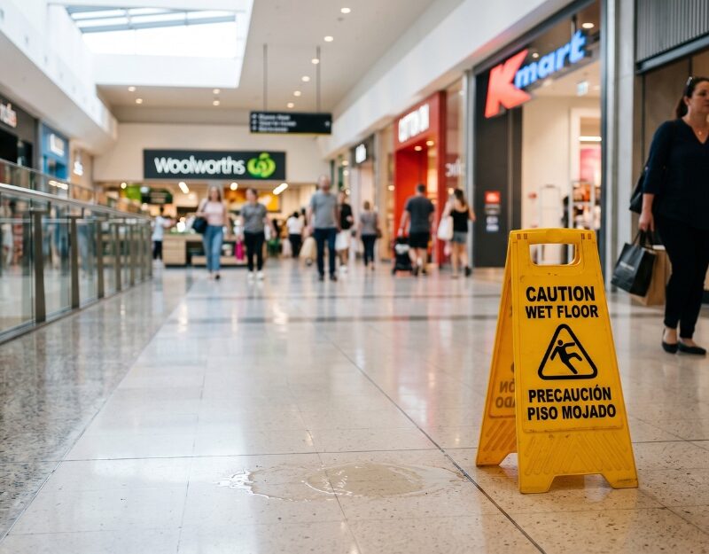 Wet floor warning sign in a NSW shopping centre highlighting a public liability hazard - public liability claim NSW