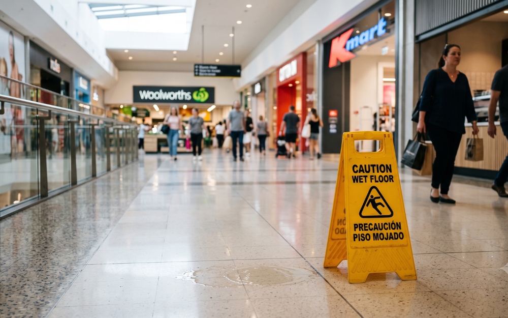 Wet floor warning sign in a NSW shopping centre highlighting a public liability hazard - public liability claim NSW