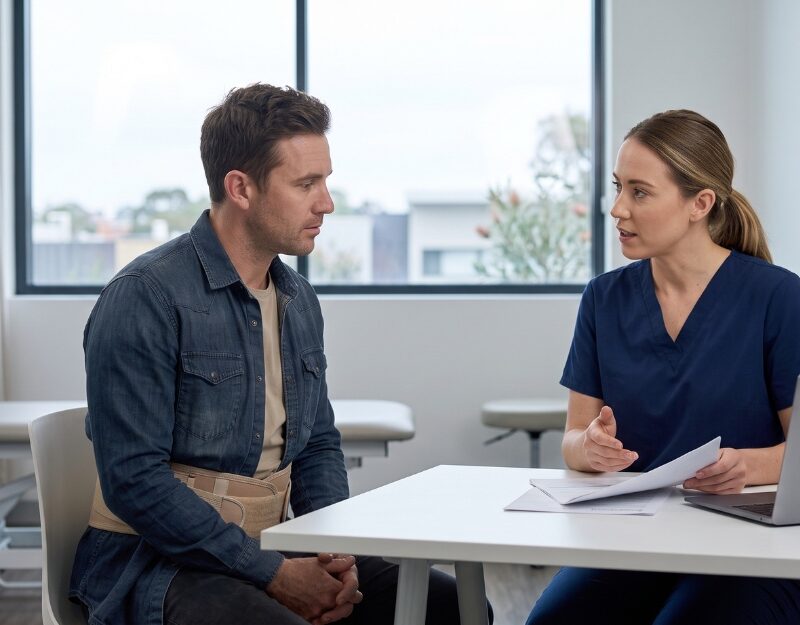 Injured worker discussing a treatment plan with a physiotherapist under the new NSW workers compensation reforms.