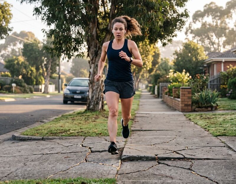 Jogger wearing earbuds facing forward, about to trip on a raised footpath slab at sunrise, illustrating public liability claims NSW