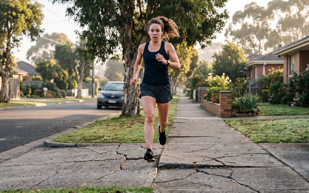 Jogger wearing earbuds facing forward, about to trip on a raised footpath slab at sunrise, illustrating public liability claims NSW