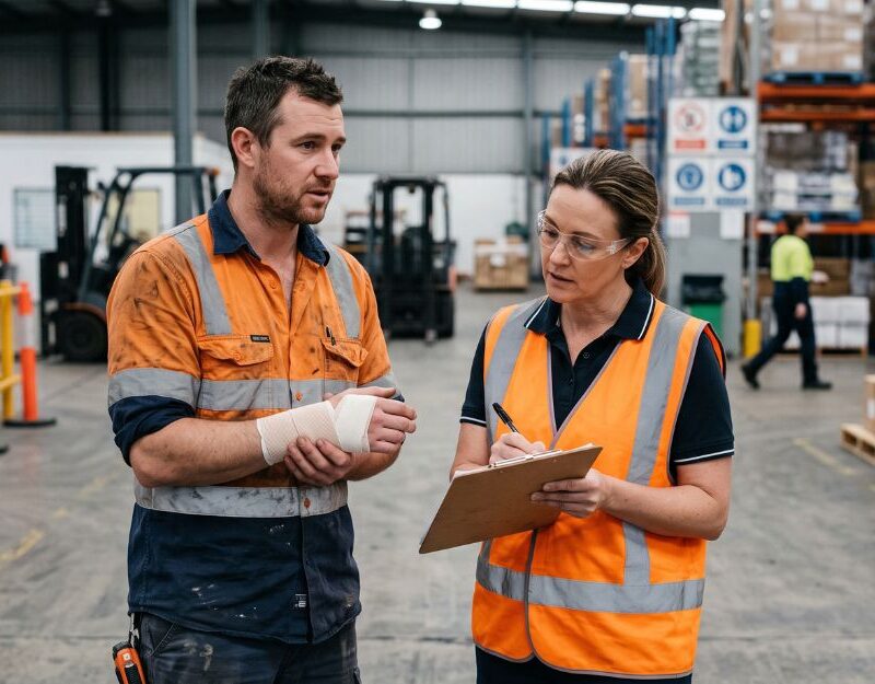 Injured worker reporting a wrist injury to his supervisor at a warehouse, illustrating the first step in a workers compensation claim hurt at work in NSW