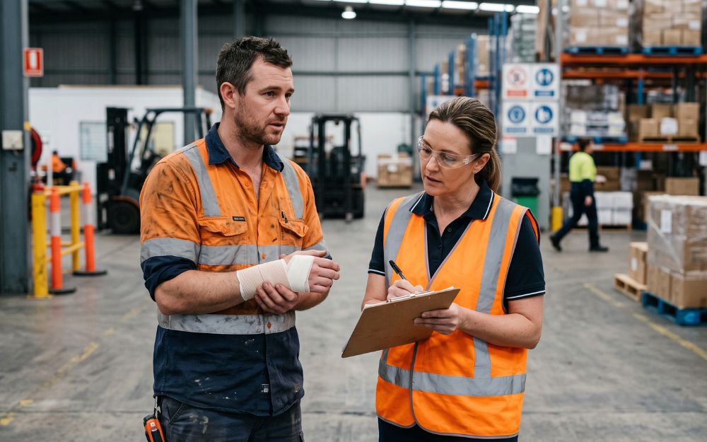 Injured worker reporting a wrist injury to his supervisor at a warehouse, illustrating the first step in a workers compensation claim hurt at work in NSW