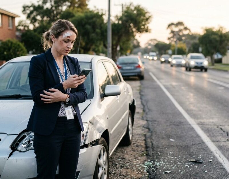 Injured commuter documenting details after a road accident on her way to work, illustrating a journey claim NSW