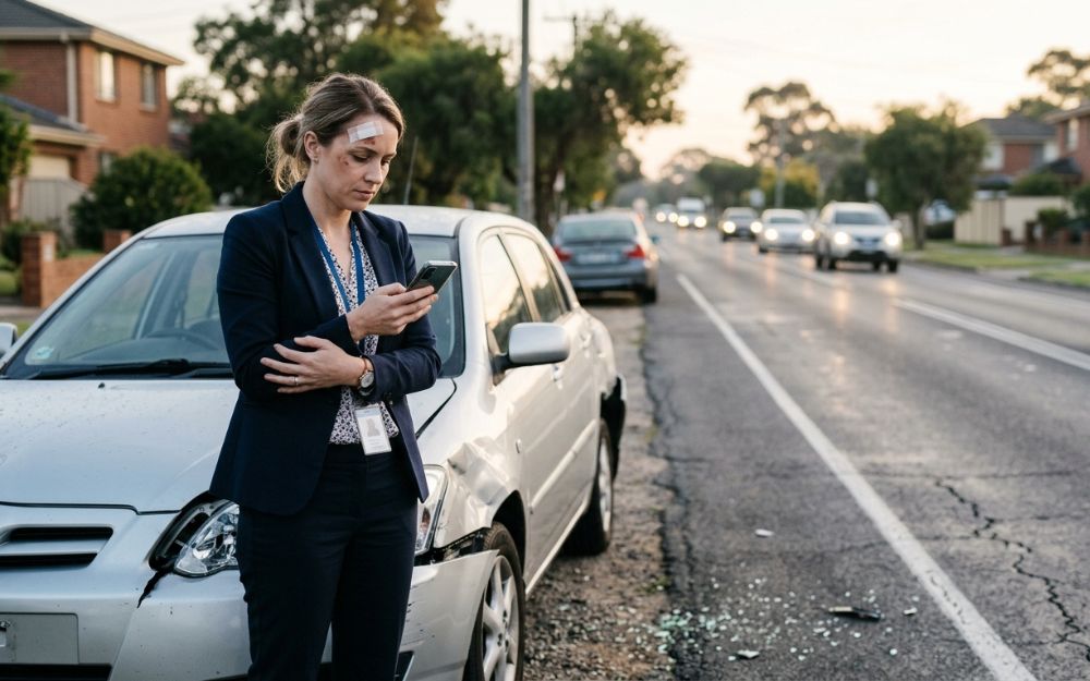 Injured commuter documenting details after a road accident on her way to work, illustrating a journey claim NSW
