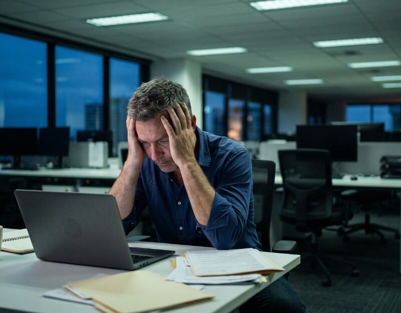 Exhausted office worker showing signs of psychological strain at his desk, illustrating NSW workers compensation reforms for psychological injury claims