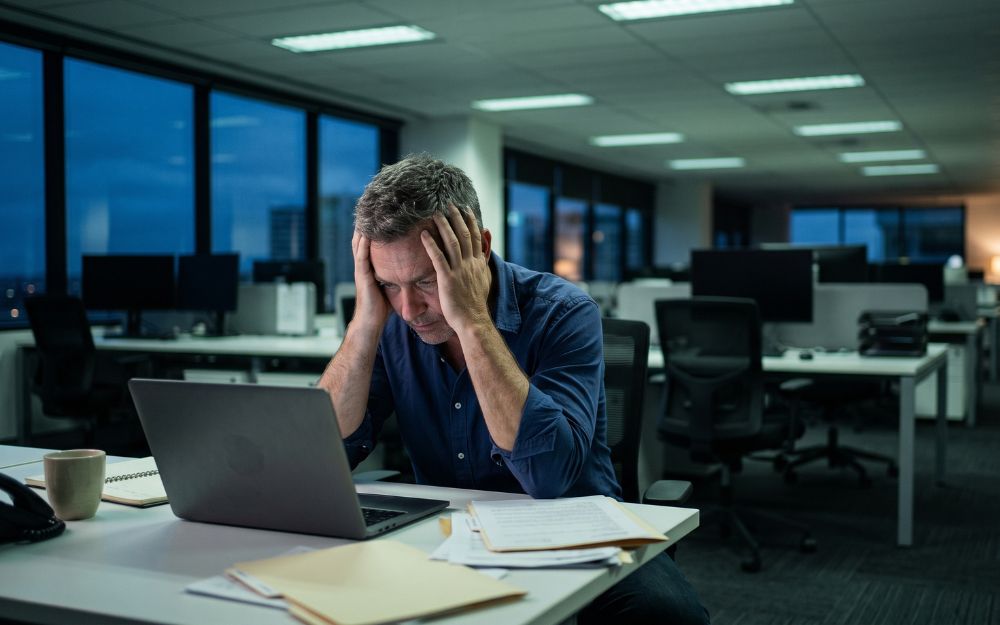 Exhausted office worker showing signs of psychological strain at his desk, illustrating NSW workers compensation reforms for psychological injury claims