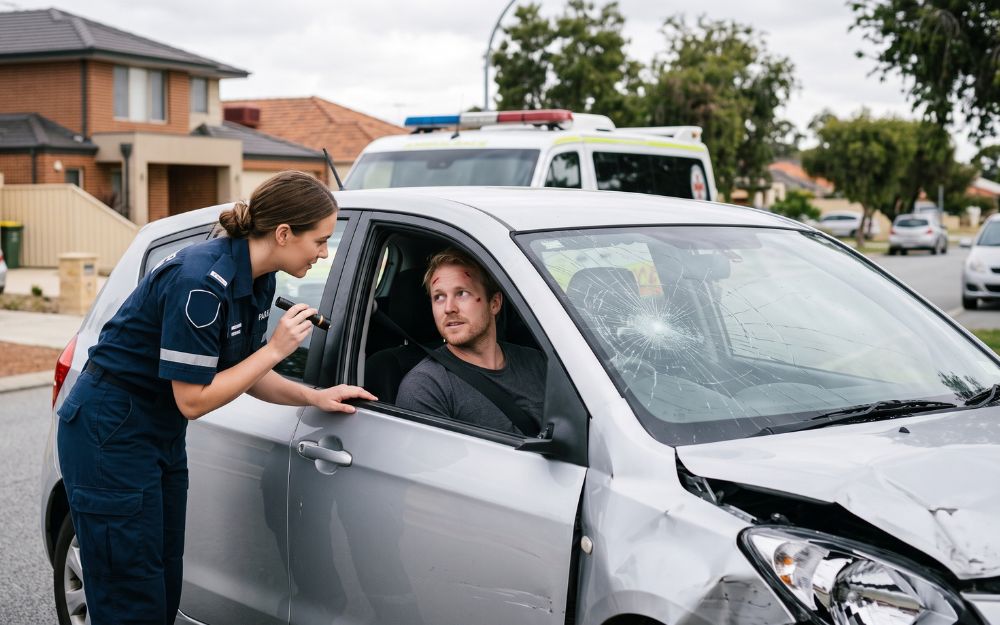 Paramedic checking on an injured driver through his car window after a road accident in Perth, illustrating the ICWA claims process in WA