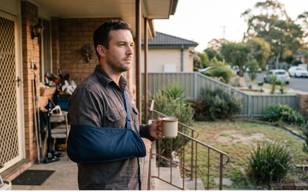 Injured worker with his arm in a sling at home, thinking about a workers compensation commutation NSW